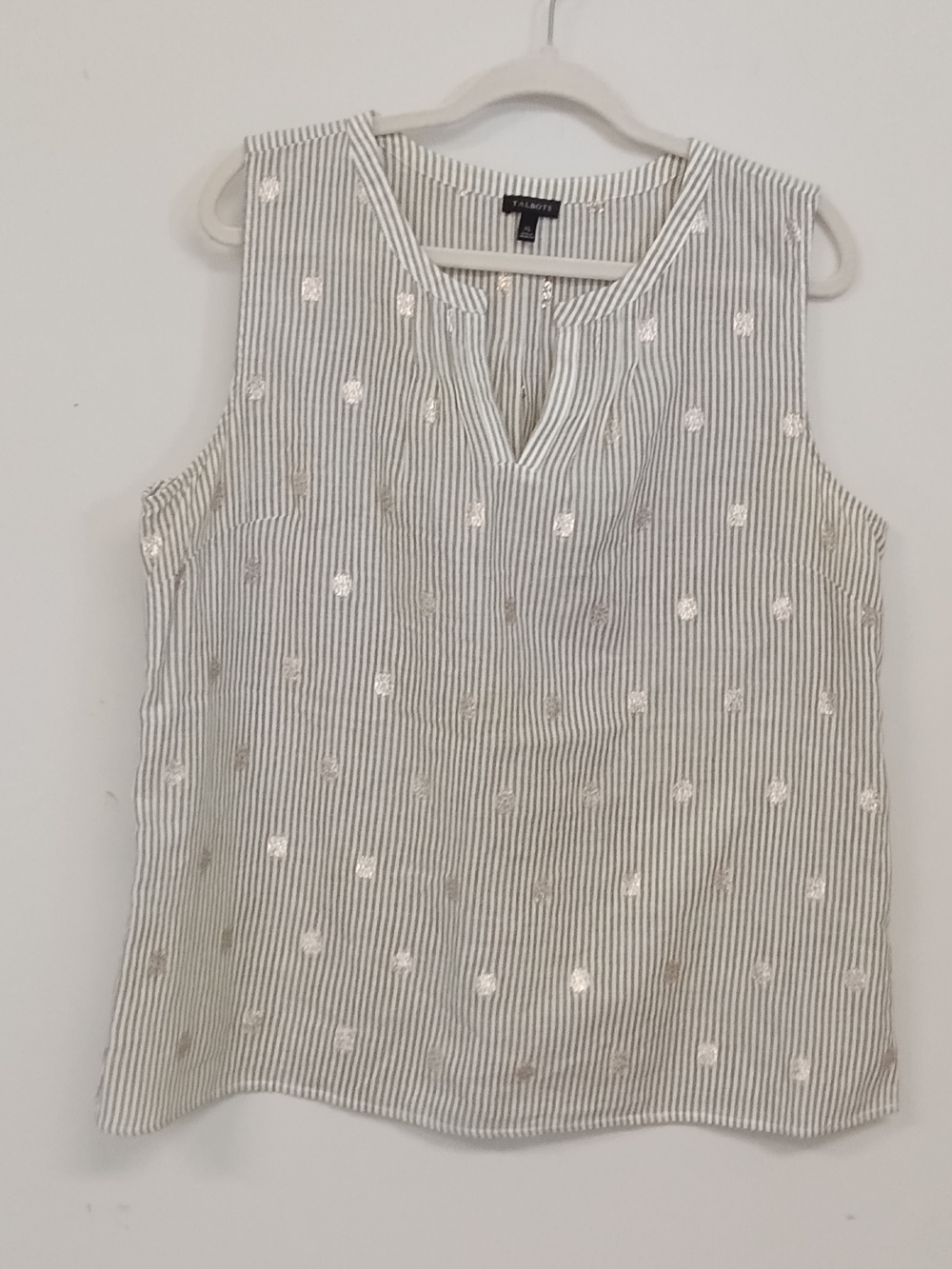 Talbots Metallic Embroidered Green White Striped Lightweight Sleeveless Tank XL